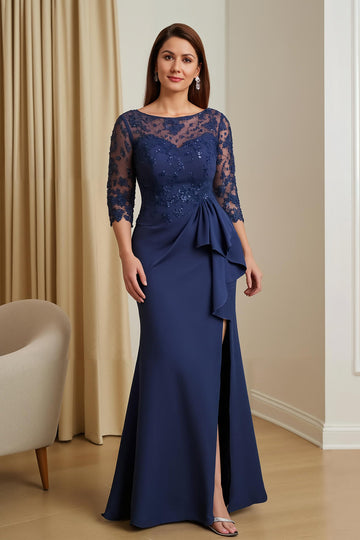 Fourreau Bleu Marine Satin Col Bateau Longue Mère de la Mariée Robe avec Ceinture